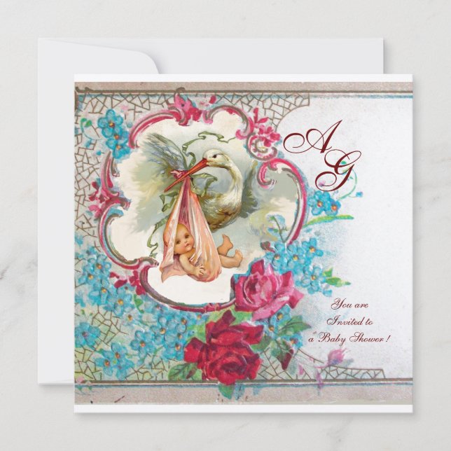 CONVITE CHÁ DE GAROTA DE BEBÊ COM MONOGRAMA DE ROSES DE PI (Frente)