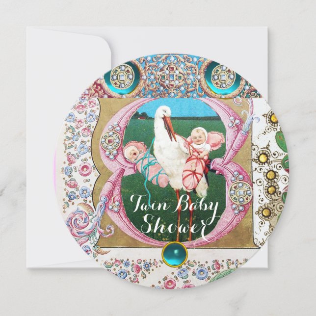 CONVITE CHÁ DE GAROTA DE BEBÊ GÊMEA, GEMSTONAS FLORAIS (Frente)