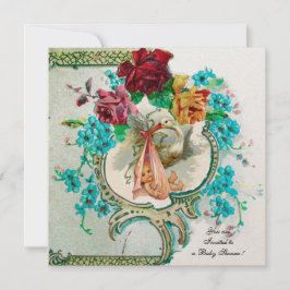 CONVITE CHÁ DE GAROTA DE BEBÊ, ROSAS DE ROSA E FLORES AZUI