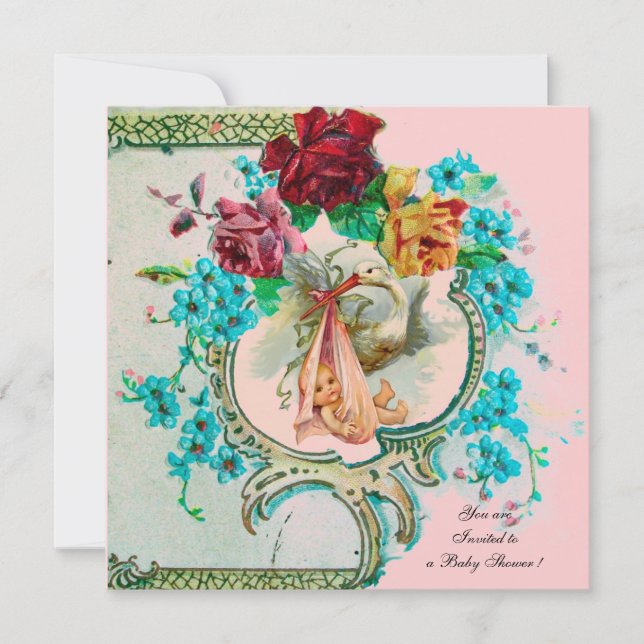 CONVITE CHÁ DE GAROTA DE BEBÊ/ROSAS DE ROSA E FLUXO AZUL (Frente)