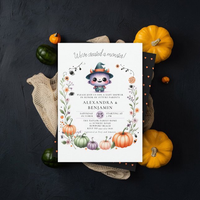 Convite Chá de Garota de Fora do Halloween (halloween baby shower invitation cute monster watercolor character coed couple october fall floral)