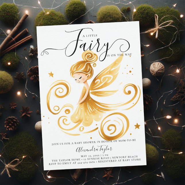 Convite Chá de Garota Dourada e Fada Encantada (a little fairy girl baby shower invitation enchanted forest garden gold swirls modern minimalist)