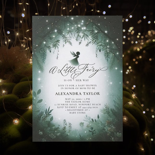 Convite Chá de Garota Emerald Baby (little fairy baby shower invitation enchanted forest magical faerie elegant modern emerald frame)