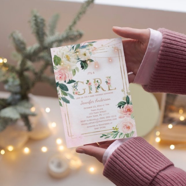 Convite Chá de Garota Glitter de Aquarela (Criador carregado)