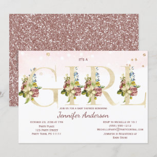 Convite Chá de Garota Glitter Dourada Rosa de Aquarela