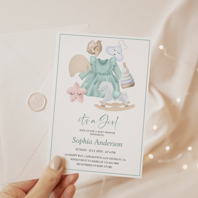 Convite Chá de Garota Pastel com Vestido Azul Suave (Criador carregado)