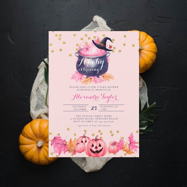 Convite Chá de Garota Rosa-Rosa-Cinzenta-de-bruxa-Hallowee (halloween baby shower witch cauldron pumpkin invitation october novermber fall leaves pink purple)