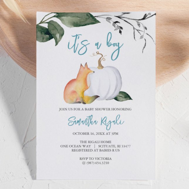 Convite Chá de Garoto da Madeira (Autumn-themed baby shower invites woodland fox and white pumpkin boy Design by Victoria Grigaliunas)