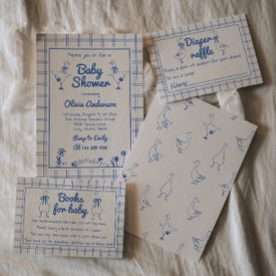 Convite Chá de Gingham Baby Boy desenhado Blue Gingham Mão