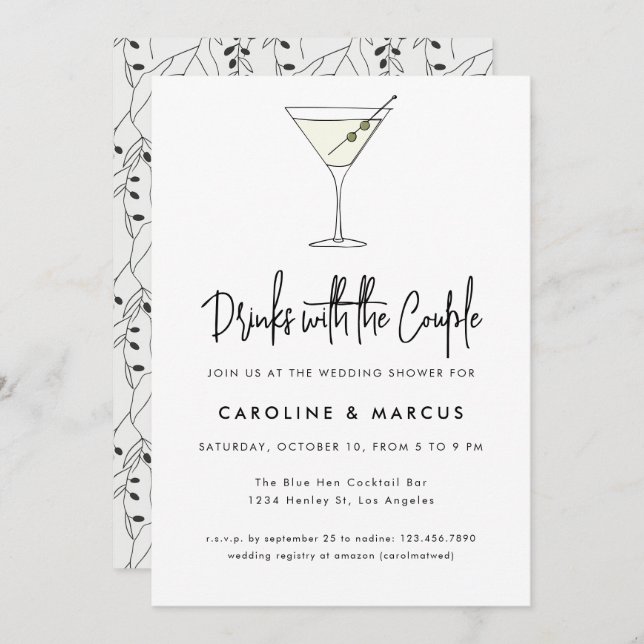 Convite Chá de Ilustração de Cocktail Martini (Frente/Verso)