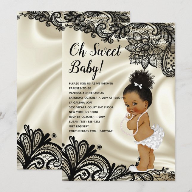 Convite Chá de Ivory White e Black-Lace Baby Girl (Frente/Verso)