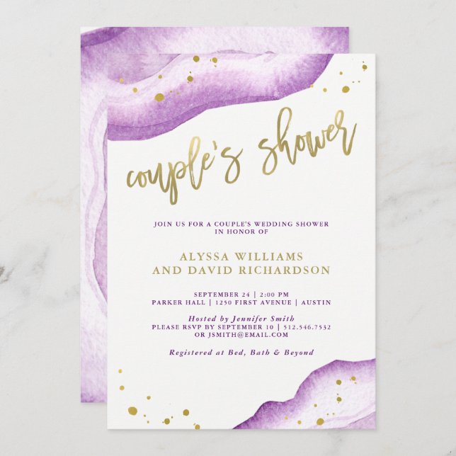 Convite Chá de Lavanda de aquarela e Casais de geodos Dour (Frente/Verso)