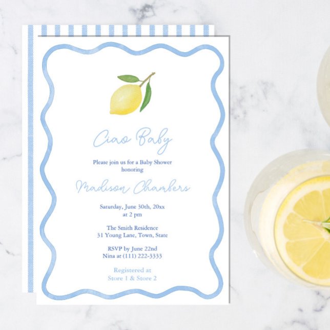 Convite Chá de Limão de Limão Azul de Aranão Moderno (Ciao baby! Boho citrus baby boy shower invitations with wavy border and pale blue and white stripes)