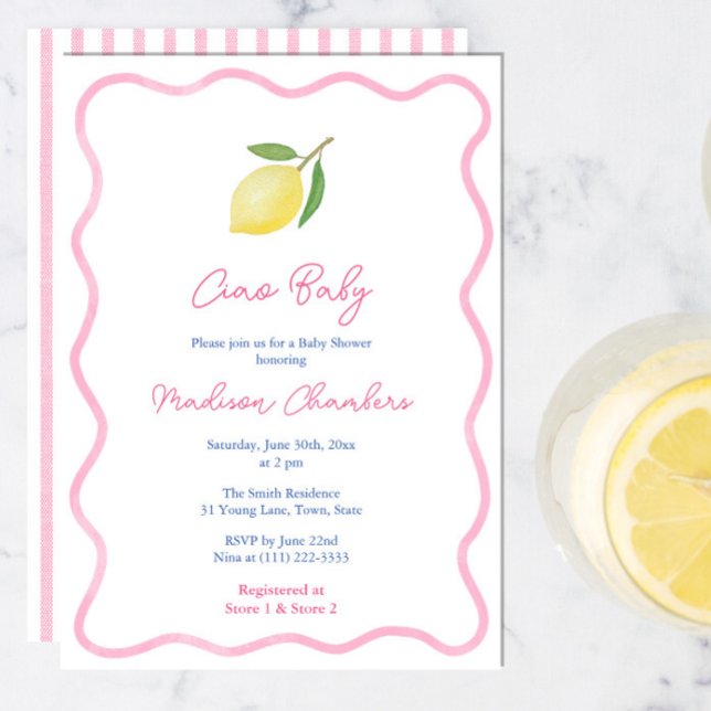 Convite Chá de limão-limão-de-rabo-rosa (Ciao Baby Girl Shower invite with trendy pink wavy border, citrus lemon and pink white stripe backer)