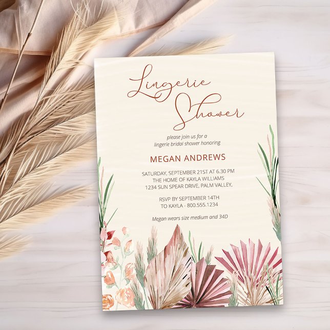 Convite Chá de Lingerie de Folhagem Tropical Seca de Boho  (Lingerie Bridal Shower Invitation with boho dried foliage and flowers)