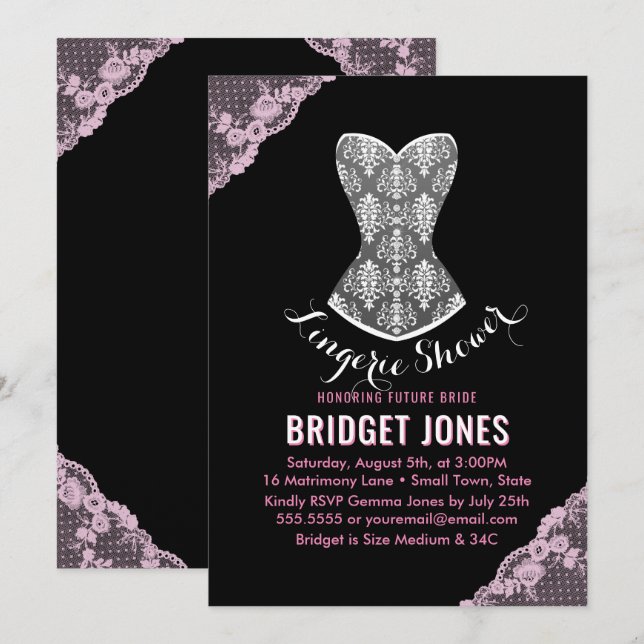 Convite Chá de Lingerie de rendas, cor-de-rosa (Frente/Verso)