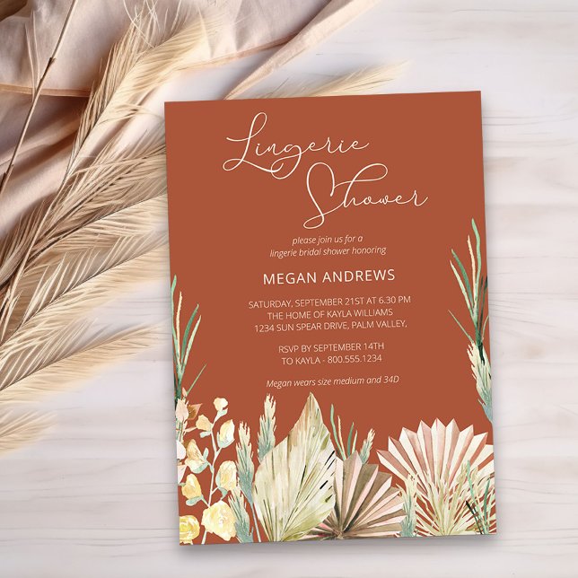 Convite Chá de Lingerie Terracotta, Seca, com Palm (Lingerie Bridal Shower Invitation in burnt orange with boho dried foliage and flowers)