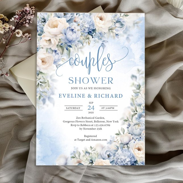 Convite Chá de marfim azul e casal de marfim de inverno el (Boho blue winter flowers greenery eucalyptus couples shower invitation)