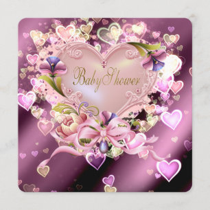 Convite Chá de Menina com Damasco de Coração Rosa