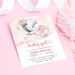Convite Chá de Menina com Ilustração de Stork - Elegante