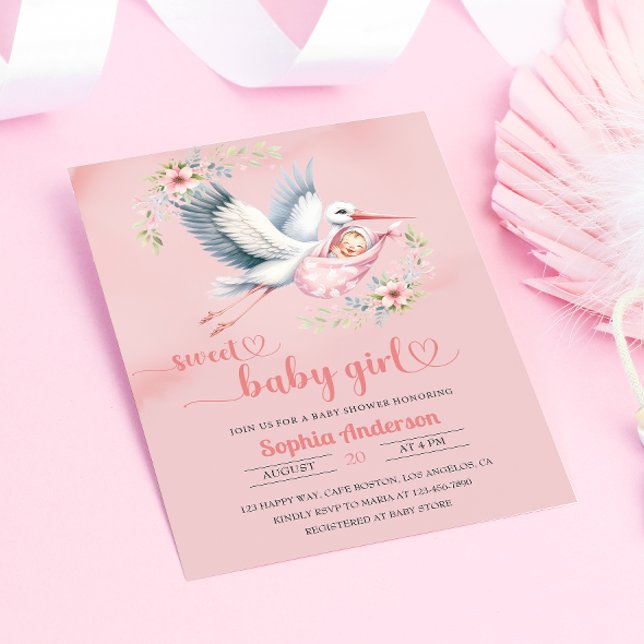 Convite Chá de Menina com Ilustração de Stork - Elegante (Criador carregado)