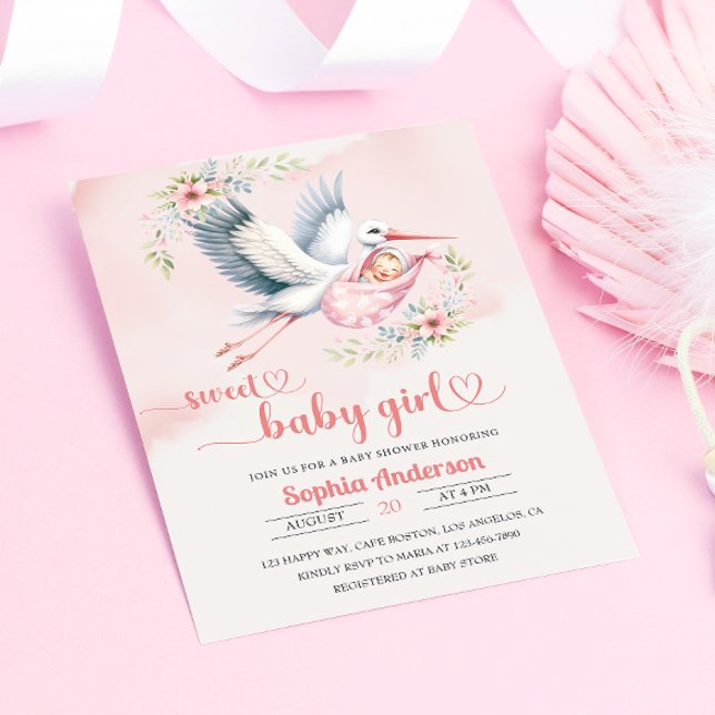 Convite Chá de Menina com Ilustração de Stork - Elegante (Criador carregado)