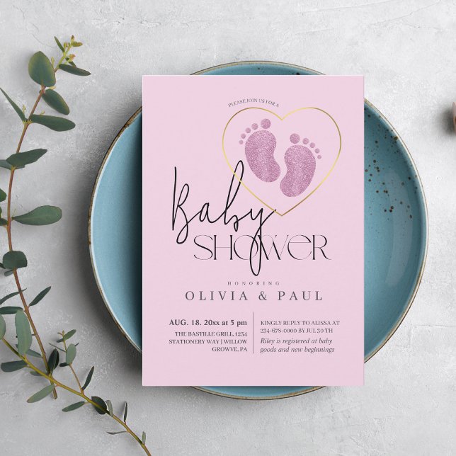 Convite Chá de Menina com Pés Rosa Escovado (Criador carregado)