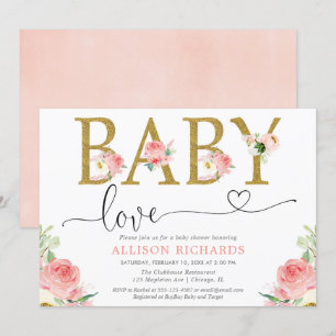 Convite chá de menina de amor, dourada e rosa