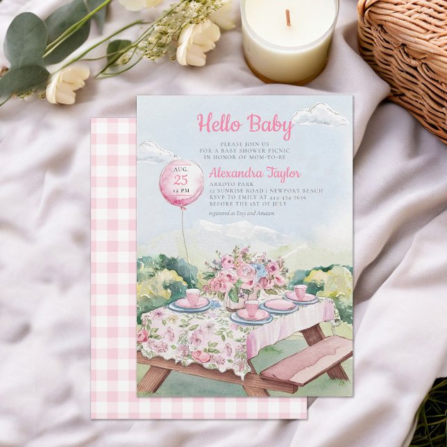 Convite Chá de Menina Elegante Elegante de Picnic Picnic (picnic baby shower invitation park summer watercolor balloon cute fun casual classy modern)