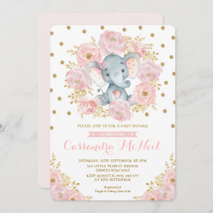 Convite Chá de Menina Floral Rosa-Rosa Blush Elephant