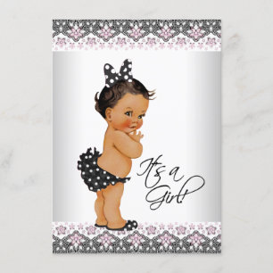 Convite Chá de Menina Negra Rosa com renda Rosa