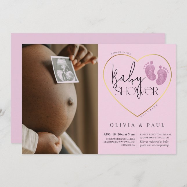 Convite Chá de Menina Rosa Rosa Moderno (Frente/Verso)