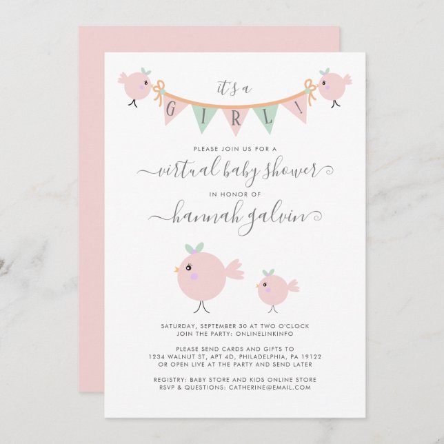 Convite Chá de Menina Virtual Rosa de Pintinho Mama (Frente/Verso)