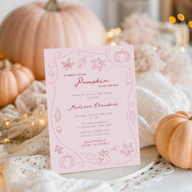 Convite Chá De Menininha De Abóbora Rosa Rosa (Blush pink and cherry Sweet Little Pumpkin baby shower invites to welcome a little girl)