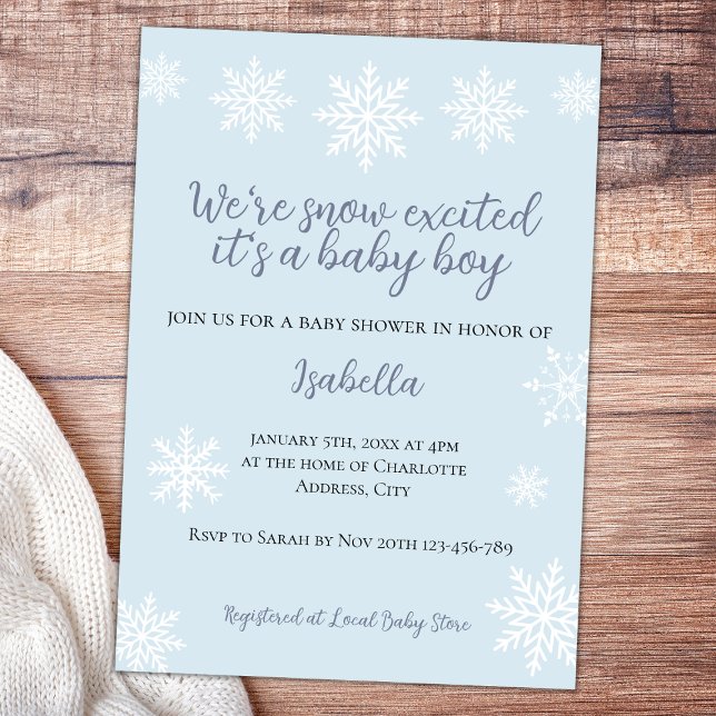 Convite Chá de Menino Animado com Neve de inverno (snow excited winter baby boy shower invitation)