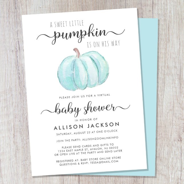 Convite Chá de Menino Virtual Azul Pumpkin Aquarela (Celebrate the upcoming arrival of your autumn baby boy with a pumpkin-themed virtual baby shower)