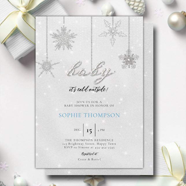 Convite Chá de Neve Frio Frio de Bebê Fora da Leve (baby its cold outside baby shower invitation rhinestone glitter sparkle snowflakes baby boy elegant)