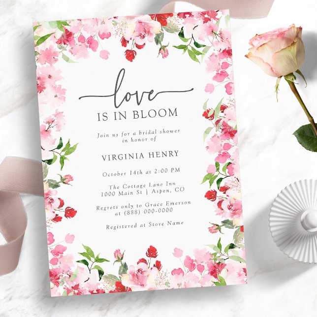 Convite Chá de Noiva Amor em Festa (Love Is In Bloom Bridal Shower Invitation - Red and Pink Watercolor Floral)