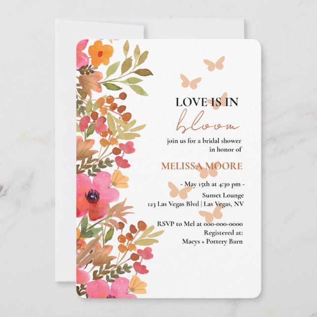 Convite Chá de Noiva Amor em Flor Rosa Pêssego Florais (Frente)