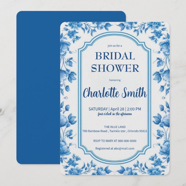 Convite chá de noiva antigo Chinoiserie azul e branco (Frente/Verso)