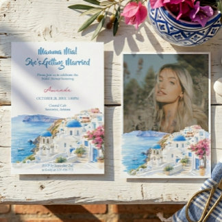 Convite Chá de Noiva Aquarela Costeira Santorini Grécia