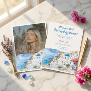Convite Chá de Noiva Aquarela Costeira Santorini Grécia