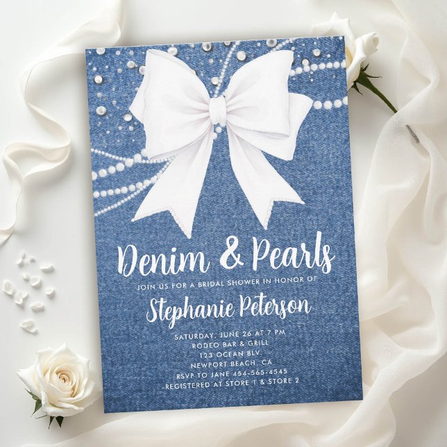 Convite Chá de Noiva Azul Chic com Laço Branco e Denim e P (denim and pearls bridal shower invitations template blue white bow western country rustic diamonds)