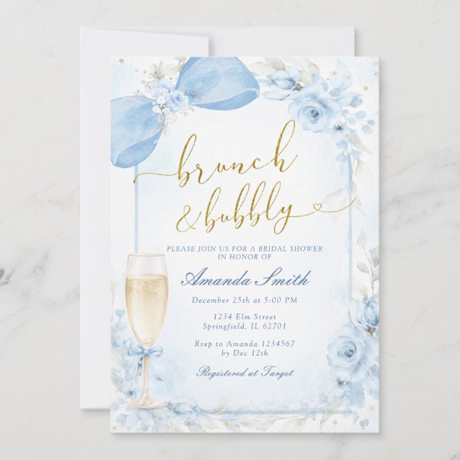 Convite Chá de Noiva Azul de Brunch e Champanhe Bubbly (Frente)