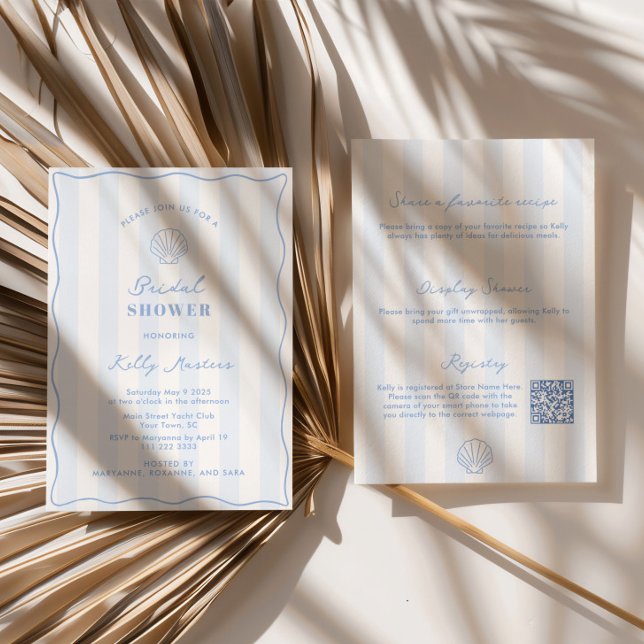 Convite Chá de Noiva Azul e Branco à Beira-Mar (Elegant and understated coastal themed double-sided bridal shower invitation with QR code)