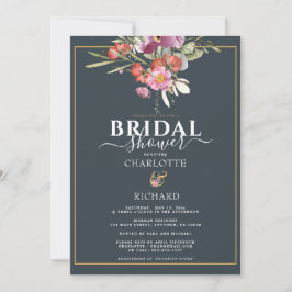 Convite Chá de Noiva Azul Escuro, Floral Rosa e Dourado