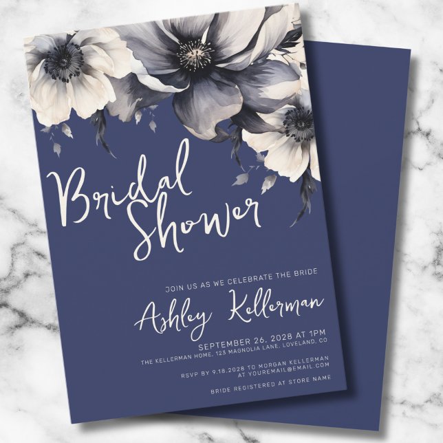 Convite Chá de Noiva Azul Marinho Floral (Typography Elegant Floral Navy Blue Bridal Shower Invitation)