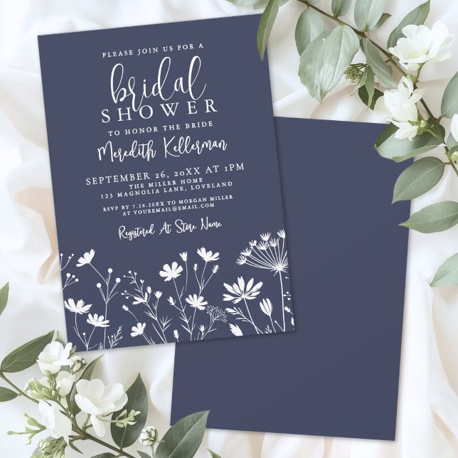 Convite Chá de Noiva Azul-Navy com Flores Silvestres (Wildflower Navy Blue Bridal Shower Invitation)