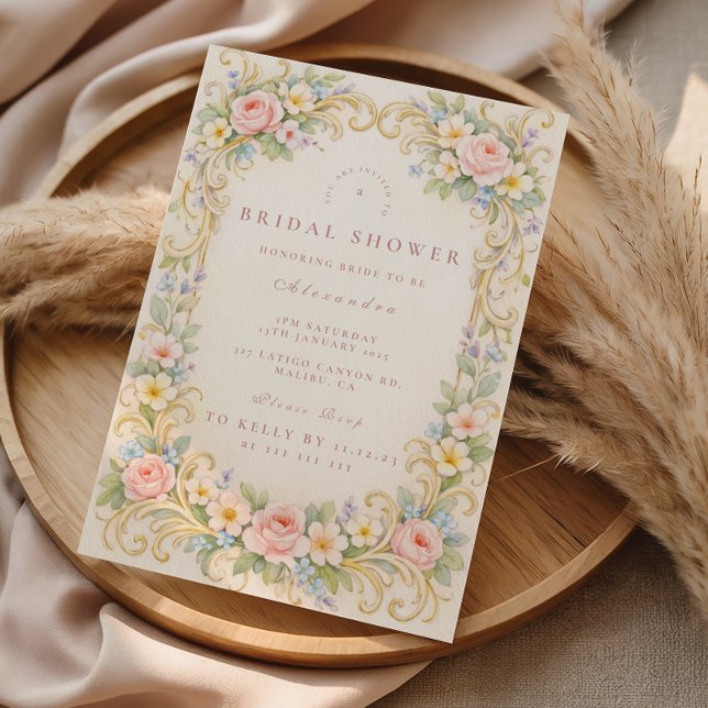 Convite Chá de Noiva Barroco Dourado Floral Rosado (Criador carregado)