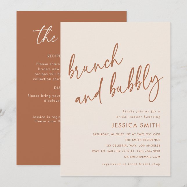 Convite Chá de Noiva Beige com Código QR, Brunch e Bubbly (Frente/Verso)